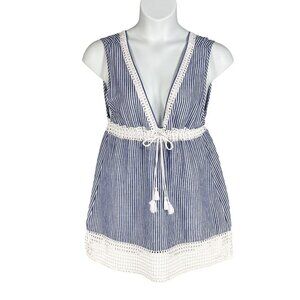 J Crew Women M 60% Linen Swim Dress Striped Eyelet Lace Tassel Drawstring Beachy